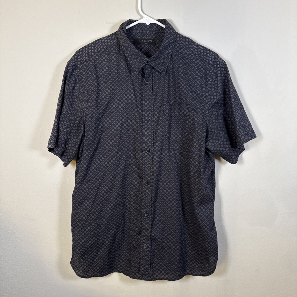 AllSaints Shirt Mens‎ Large Navy Blue Short Sleeve Geometric Pattern Viscose